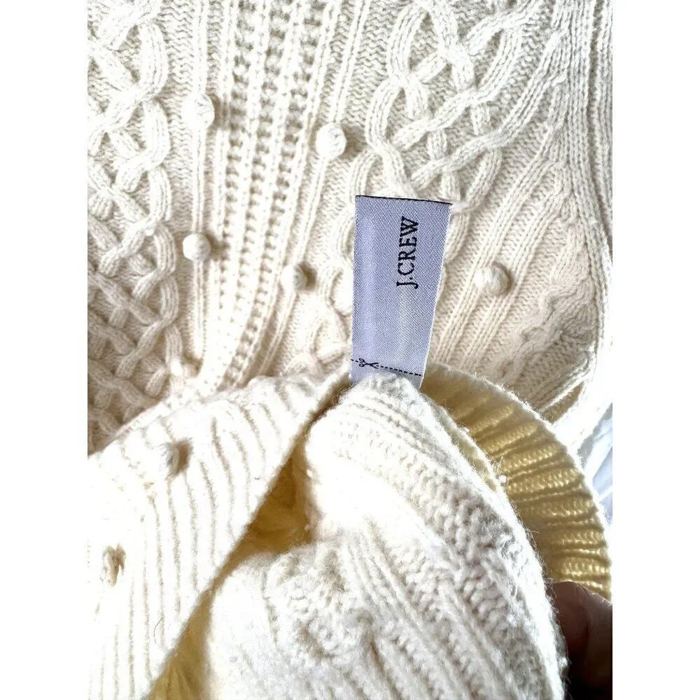 J.Crew Womens Cable-Knit Lambswool Pom-Pom Sweater Ivory Size S Cozy EUC
